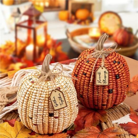 2PCS Decorative Corn Cob Pumpkins Resin Fake Pumpkins Autumn Home Rustic Decor - Picture 4 of 6